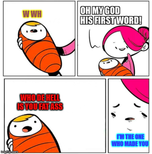 Babys first words | W WH; WHO DE HELL IS YOU FAT ASS; I'M THE ONE WHO MADE YOU | image tagged in babys first words | made w/ Imgflip meme maker