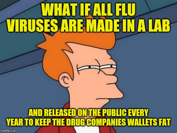 Futurama Fry Meme | WHAT IF ALL FLU VIRUSES ARE MADE IN A LAB; AND RELEASED ON THE PUBLIC EVERY YEAR TO KEEP THE DRUG COMPANIES WALLETS FAT | image tagged in memes,futurama fry | made w/ Imgflip meme maker