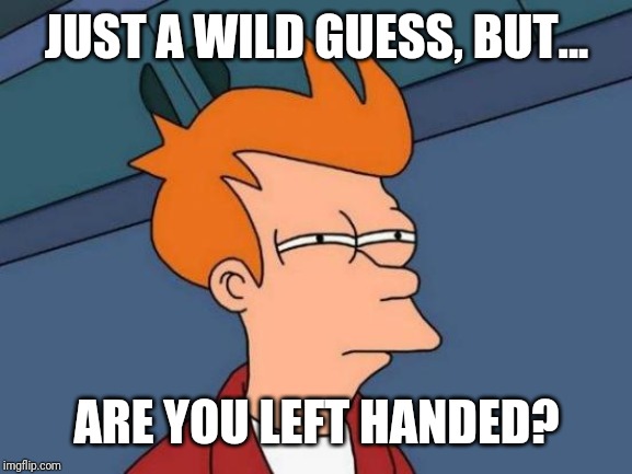 Futurama Fry Meme | JUST A WILD GUESS, BUT... ARE YOU LEFT HANDED? | image tagged in memes,futurama fry | made w/ Imgflip meme maker