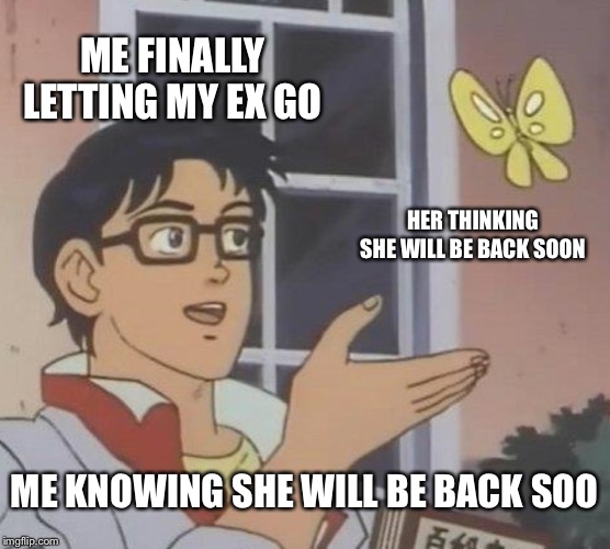 Is This A Pigeon Meme | ME FINALLY LETTING MY EX GO; HER THINKING SHE WILL BE BACK SOON; ME KNOWING SHE WILL BE BACK SOO | image tagged in memes,is this a pigeon | made w/ Imgflip meme maker