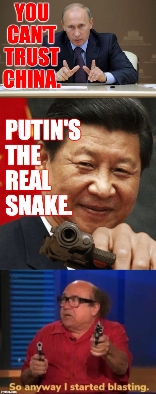 Good luck, Bernie (or Bloomie). | YOU CAN'T TRUST CHINA. PUTIN'S
THE
REAL
SNAKE. | image tagged in memes,vladimir putin,so anyway i started blasting,xi jinping,they're right you know | made w/ Imgflip meme maker