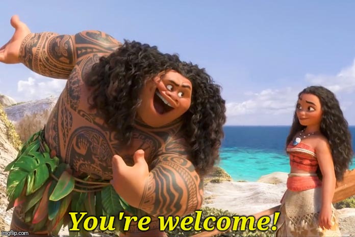 Moana Maui You're Welcome | You're welcome! | image tagged in moana maui you're welcome | made w/ Imgflip meme maker