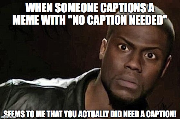 Kevin Hart | WHEN SOMEONE CAPTIONS A MEME WITH "NO CAPTION NEEDED"; SEEMS TO ME THAT YOU ACTUALLY DID NEED A CAPTION! | image tagged in memes,kevin hart | made w/ Imgflip meme maker