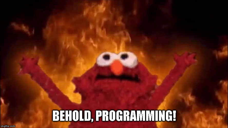 Programming | BEHOLD, PROGRAMMING! | image tagged in programming,fire,dumpster fire,elmo,biblical | made w/ Imgflip meme maker