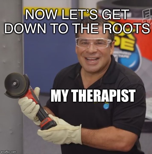 Phil Swift Flex Tape | NOW LET’S GET DOWN TO THE ROOTS; MY THERAPIST | image tagged in phil swift flex tape | made w/ Imgflip meme maker