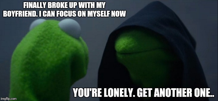 Evil Kermit Meme | FINALLY BROKE UP WITH MY BOYFRIEND. I CAN FOCUS ON MYSELF NOW; YOU'RE LONELY. GET ANOTHER ONE.. | image tagged in memes,evil kermit | made w/ Imgflip meme maker