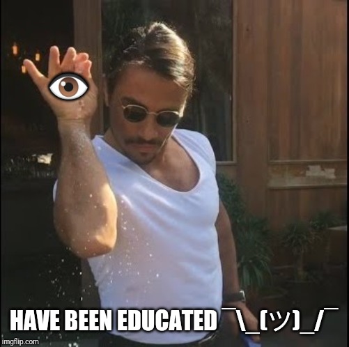 salt bae | 👁️; HAVE BEEN EDUCATED ¯\_(ツ)_/¯ | image tagged in salt bae | made w/ Imgflip meme maker