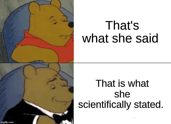 Tuxedo Winnie The Pooh | That's what she said; That is what she scientifically stated. | image tagged in memes,tuxedo winnie the pooh | made w/ Imgflip meme maker