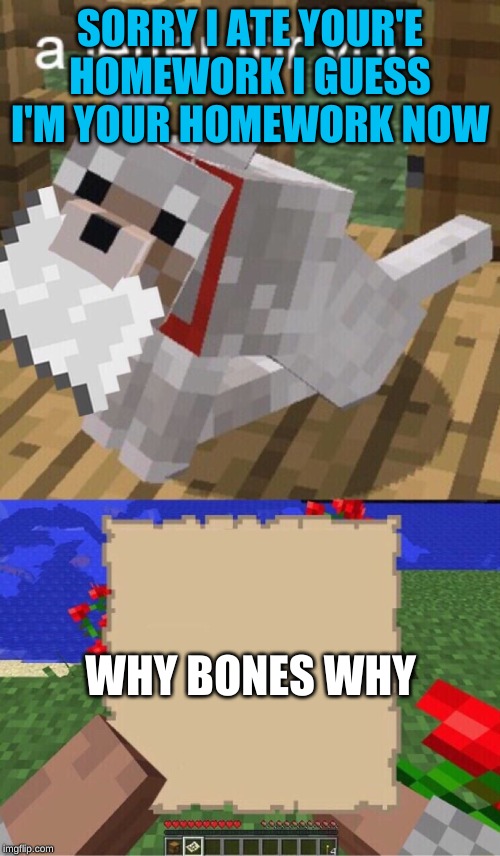 Minecraft Mail | SORRY I ATE YOUR'E HOMEWORK I GUESS I'M YOUR HOMEWORK NOW; WHY BONES WHY | image tagged in minecraft mail | made w/ Imgflip meme maker