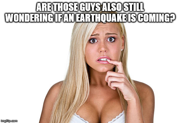 Dumb Blonde | ARE THOSE GUYS ALSO STILL WONDERING IF AN EARTHQUAKE IS COMING? | image tagged in dumb blonde | made w/ Imgflip meme maker