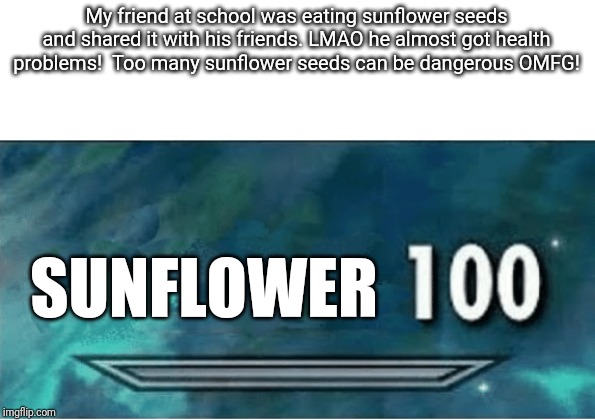 Skyrim 100 Blank | My friend at school was eating sunflower seeds and shared it with his friends. LMAO he almost got health problems!  Too many sunflower seeds can be dangerous OMFG! SUNFLOWER | image tagged in skyrim 100 blank | made w/ Imgflip meme maker