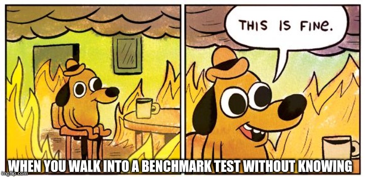This Is Fine Meme | WHEN YOU WALK INTO A BENCHMARK TEST WITHOUT KNOWING | image tagged in this is fine dog | made w/ Imgflip meme maker