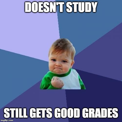 Success Kid | DOESN'T STUDY; STILL GETS GOOD GRADES | image tagged in memes,success kid | made w/ Imgflip meme maker