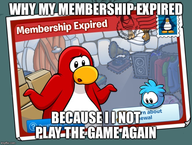 Membership expire | WHY MY MEMBERSHIP EXPIRED; BECAUSE I I NOT PLAY THE GAME AGAIN | image tagged in memes,club penguin | made w/ Imgflip meme maker