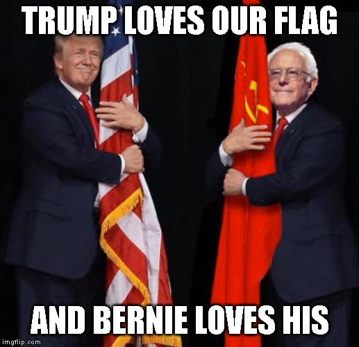 Trump Loves USA Flag | TRUMP LOVES OUR FLAG; AND BERNIE LOVES HIS | image tagged in trump loves usa flag | made w/ Imgflip meme maker