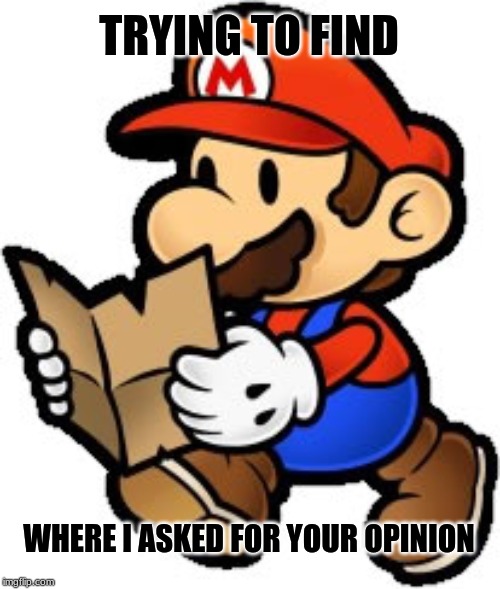 Paper Mario | TRYING TO FIND; WHERE I ASKED FOR YOUR OPINION | image tagged in paper mario | made w/ Imgflip meme maker
