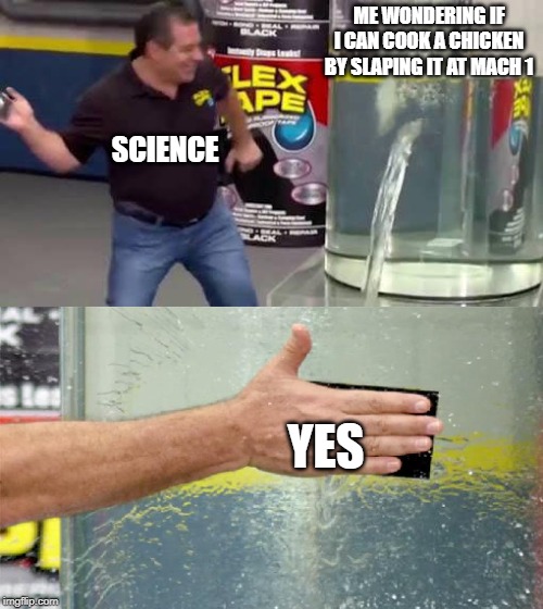 Flex Tape | ME WONDERING IF I CAN COOK A CHICKEN BY SLAPING IT AT MACH 1; SCIENCE; YES | image tagged in flex tape | made w/ Imgflip meme maker