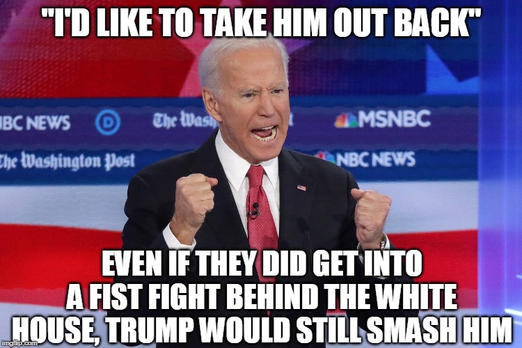 Biden's bark is worse than his bite | "I'D LIKE TO TAKE HIM OUT BACK"; EVEN IF THEY DID GET INTO A FIST FIGHT BEHIND THE WHITE HOUSE, TRUMP WOULD STILL SMASH HIM | image tagged in joe biden,donald trump,fist fight,white house,president of the united states,elections | made w/ Imgflip meme maker