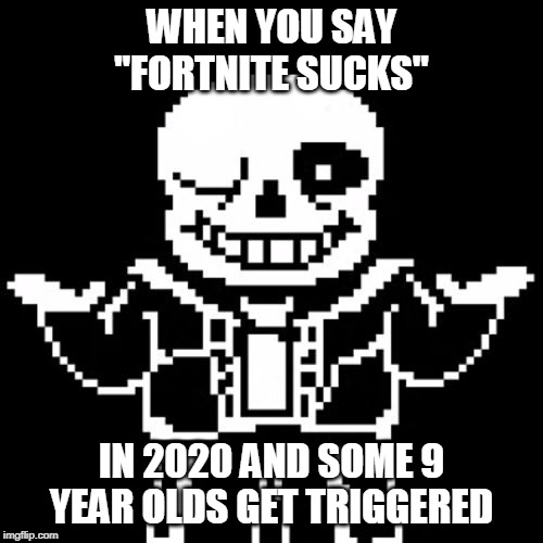 Sans | WHEN YOU SAY "FORTNITE SUCKS"; IN 2020 AND SOME 9 YEAR OLDS GET TRIGGERED | image tagged in sans | made w/ Imgflip meme maker