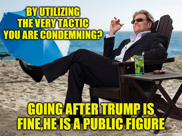 BY UTILIZING THE VERY TACTIC YOU ARE CONDEMNING? GOING AFTER TRUMP IS FINE,HE IS A PUBLIC FIGURE | made w/ Imgflip meme maker