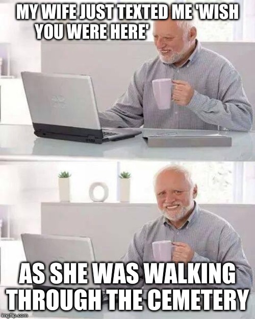 Hide the Pain Harold Meme | MY WIFE JUST TEXTED ME 'WISH YOU WERE HERE'; AS SHE WAS WALKING THROUGH THE CEMETERY | image tagged in memes,hide the pain harold | made w/ Imgflip meme maker