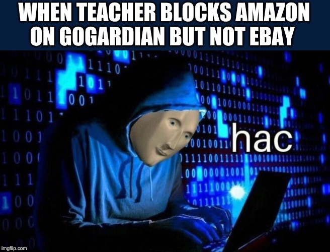 hac | WHEN TEACHER BLOCKS AMAZON ON GOGARDIAN BUT NOT EBAY | image tagged in hac | made w/ Imgflip meme maker
