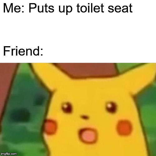 Surprised Pikachu | Me: Puts up toilet seat; Friend: | image tagged in memes,surprised pikachu | made w/ Imgflip meme maker