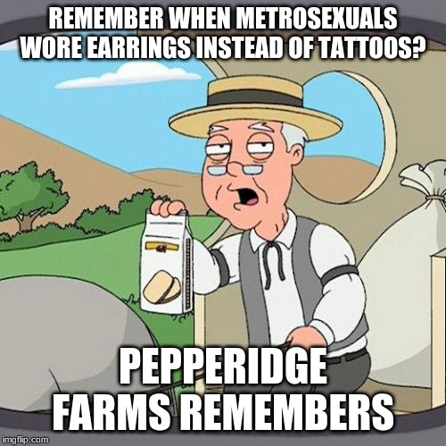 Pepperidge Farm Remembers | REMEMBER WHEN METROSEXUALS WORE EARRINGS INSTEAD OF TATTOOS? PEPPERIDGE FARMS REMEMBERS | image tagged in memes,pepperidge farm remembers | made w/ Imgflip meme maker