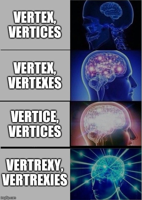 Expanding Brain Meme | VERTEX, VERTICES; VERTEX, VERTEXES; VERTICE, VERTICES; VERTREXY, VERTREXIES | image tagged in memes,expanding brain | made w/ Imgflip meme maker
