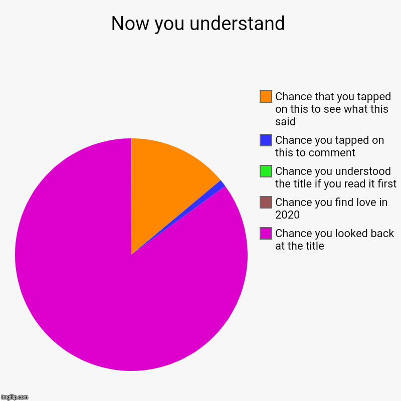 Now you understand | Chance you looked back at the title, Chance you find love in 2020, Chance you understood the title if you read it first | image tagged in charts,pie charts | made w/ Imgflip chart maker