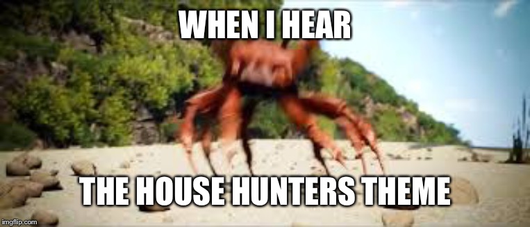 crab rave | WHEN I HEAR; THE HOUSE HUNTERS THEME | image tagged in crab rave | made w/ Imgflip meme maker
