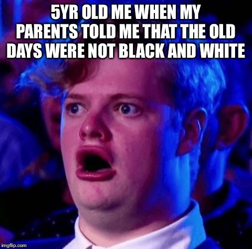 wAit yoUr seRiOus?! | 5YR OLD ME WHEN MY PARENTS TOLD ME THAT THE OLD DAYS WERE NOT BLACK AND WHITE | image tagged in funny,funny memes,memes,suprise,fun | made w/ Imgflip meme maker