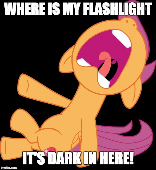 I can't see to type this title! | WHERE IS MY FLASHLIGHT; IT'S DARK IN HERE! | image tagged in frightened scootaloo,memes,funny,flashlight,dark | made w/ Imgflip meme maker