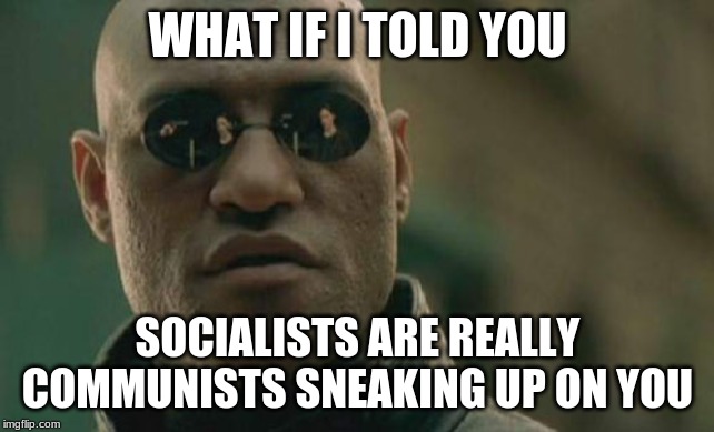 Matrix Morpheus | WHAT IF I TOLD YOU; SOCIALISTS ARE REALLY COMMUNISTS SNEAKING UP ON YOU | image tagged in memes,matrix morpheus | made w/ Imgflip meme maker