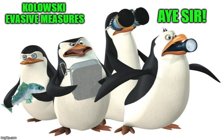penquines | KOLOWSKI  
EVASIVE MEASURES AYE SIR! | image tagged in penquines | made w/ Imgflip meme maker