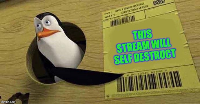 Penguin pointing at sign | THIS STREAM WILL SELF DESTRUCT | image tagged in penguin pointing at sign | made w/ Imgflip meme maker