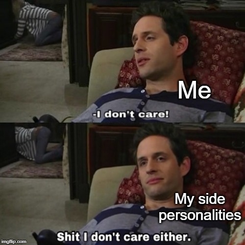 They are a part of me, so I guess none of us care, eh? | Me; My side personalities | image tagged in shit i dont care either,eh,i don't care,wow,oh wow are you actually reading these tags,stop reading the tags | made w/ Imgflip meme maker