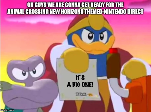 King dedede | OK GUYS WE ARE GONNA GET READY FOR THE ANIMAL CROSSING NEW HORIZONS THEMED-NINTENDO DIRECT; IT'S A BIG ONE! | image tagged in king dedede | made w/ Imgflip meme maker