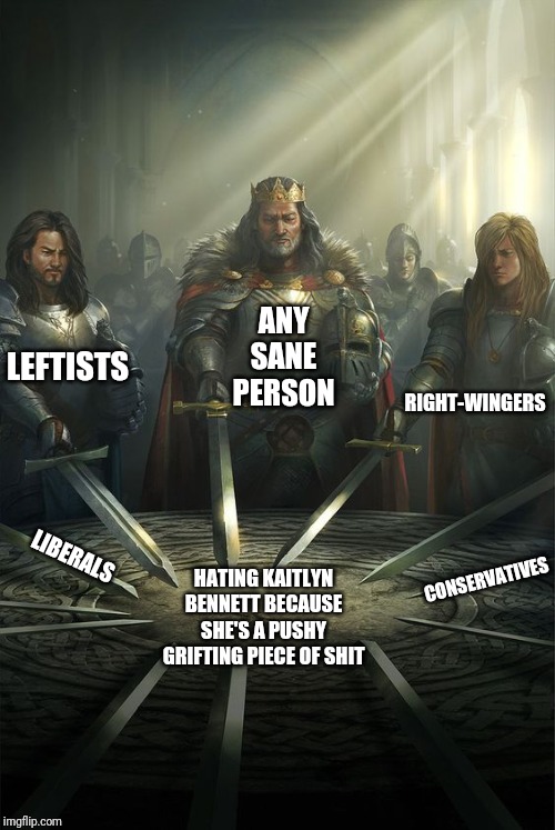 Knights of the Round Table | ANY SANE PERSON; LEFTISTS; RIGHT-WINGERS; LIBERALS; CONSERVATIVES; HATING KAITLYN BENNETT BECAUSE SHE'S A PUSHY GRIFTING PIECE OF SHIT | image tagged in knights of the round table | made w/ Imgflip meme maker