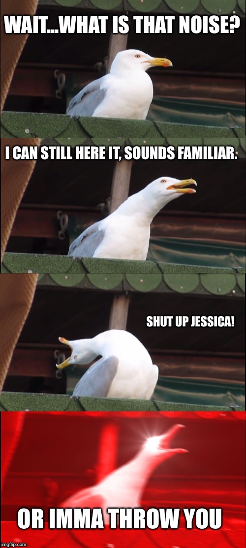 Inhaling Seagull Meme | WAIT...WHAT IS THAT NOISE? I CAN STILL HERE IT, SOUNDS FAMILIAR. SHUT UP JESSICA! OR IMMA THROW YOU | image tagged in memes,inhaling seagull | made w/ Imgflip meme maker