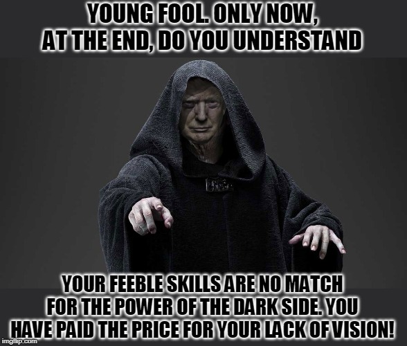 The power of the dank side of the space force. | YOUNG FOOL. ONLY NOW, AT THE END, DO YOU UNDERSTAND; YOUR FEEBLE SKILLS ARE NO MATCH FOR THE POWER OF THE DARK SIDE. YOU HAVE PAID THE PRICE FOR YOUR LACK OF VISION! | image tagged in sith lord trump | made w/ Imgflip meme maker