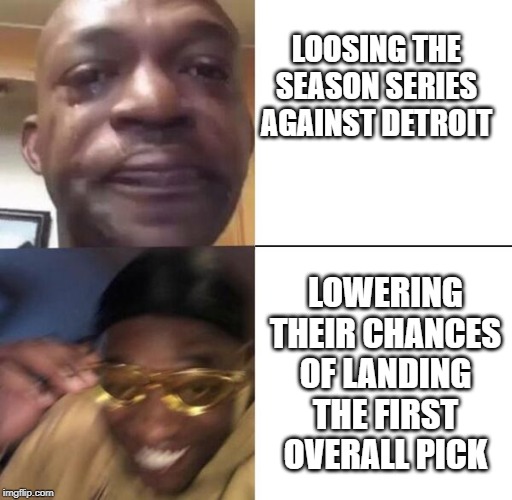 Yellow glass guy | LOOSING THE SEASON SERIES AGAINST DETROIT; LOWERING THEIR CHANCES OF LANDING THE FIRST OVERALL PICK | image tagged in yellow glass guy | made w/ Imgflip meme maker