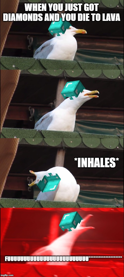 Inhaling Seagull Meme | WHEN YOU JUST GOT DIAMONDS AND YOU DIE TO LAVA; *INHALES*; FUUUUUUUUUUUUUUUUUUUUUUUUU******************** | image tagged in memes,inhaling seagull | made w/ Imgflip meme maker