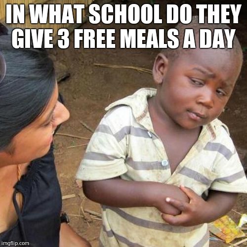 Third World Skeptical Kid | IN WHAT SCHOOL DO THEY GIVE 3 FREE MEALS A DAY | image tagged in memes,third world skeptical kid | made w/ Imgflip meme maker