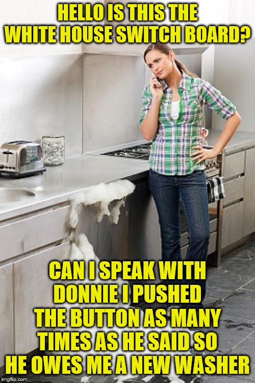 Dishwasher Overflow | HELLO IS THIS THE WHITE HOUSE SWITCH BOARD? CAN I SPEAK WITH DONNIE I PUSHED THE BUTTON AS MANY TIMES AS HE SAID SO HE OWES ME A NEW WASHER | image tagged in dishwasher overflow | made w/ Imgflip meme maker