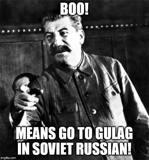 Stalin | BOO! MEANS GO TO GULAG IN SOVIET RUSSIAN! | image tagged in stalin | made w/ Imgflip meme maker