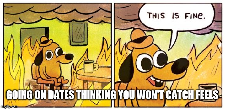 This Is Fine Meme | GOING ON DATES THINKING YOU WON'T CATCH FEELS | image tagged in this is fine dog | made w/ Imgflip meme maker