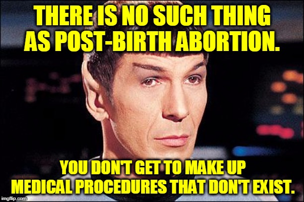 Condescending Spock | THERE IS NO SUCH THING AS POST-BIRTH ABORTION. YOU DON'T GET TO MAKE UP MEDICAL PROCEDURES THAT DON'T EXIST. | image tagged in condescending spock | made w/ Imgflip meme maker