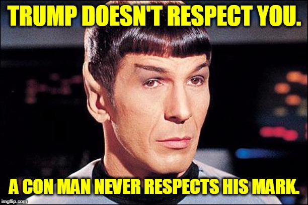 Condescending Spock | TRUMP DOESN'T RESPECT YOU. A CON MAN NEVER RESPECTS HIS MARK. | image tagged in condescending spock | made w/ Imgflip meme maker