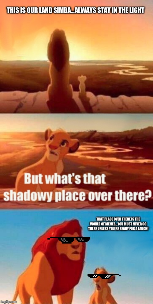 Simba and the meme world | THIS IS OUR LAND SIMBA...ALWAYS STAY IN THE LIGHT; THAT PLACE OVER THERE IS THE WORLD OF MEMES...YOU MUST NEVER GO THERE UNLESS YOU'RE READY FOR A LAUGH! | image tagged in memes,simba shadowy place | made w/ Imgflip meme maker